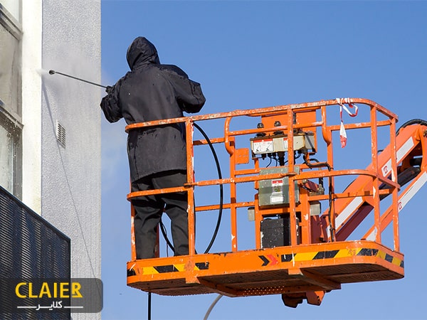 شستن نمای ساختمان با بالابر